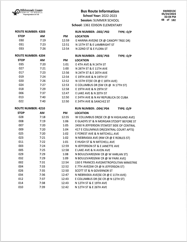  Summer School Bus Routes - Edison Elementary
